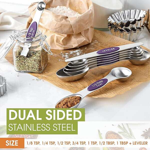 Spring Chef Purple Stainless Steel Magnetic Measuring Spoons Set of 8 with Leveler, Dual Sided Metal Teaspoon & Tablespoon Measuring Spoons, Kitchen Gadgets for Baking & Cooking, Fits in Spice Jars - Image 4