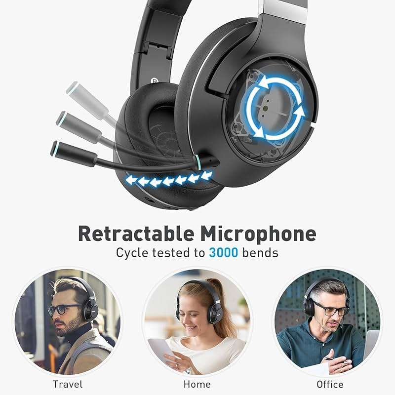 COOSII H300 Wireless Headphones with Microphone, Over Ear Bluetooth Headsets with USB Dongle & Mute, Environmental Noise Cancelling Retractable Mic for Work Office Call Center Laptop Computer (Black) - Image 4