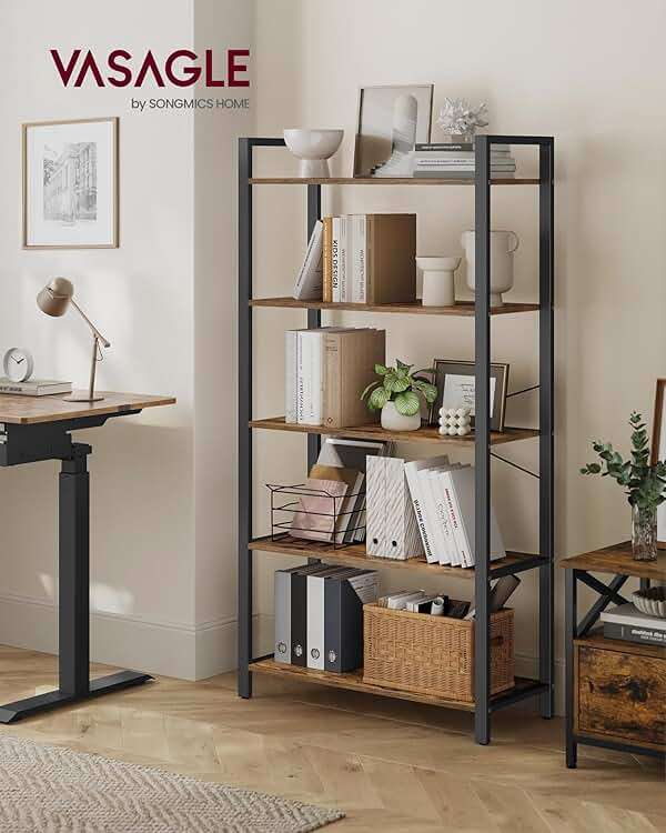 VASAGLE 5-Tier Bookshelf, Bookcase with Steel Frame, Book Shelf for Living Room, Home Office, Study, 11.8 x 31.5 x 60.2 Inches, Industrial Style, Rustic Brown and Ink Black ULLS081B01 - Image 2