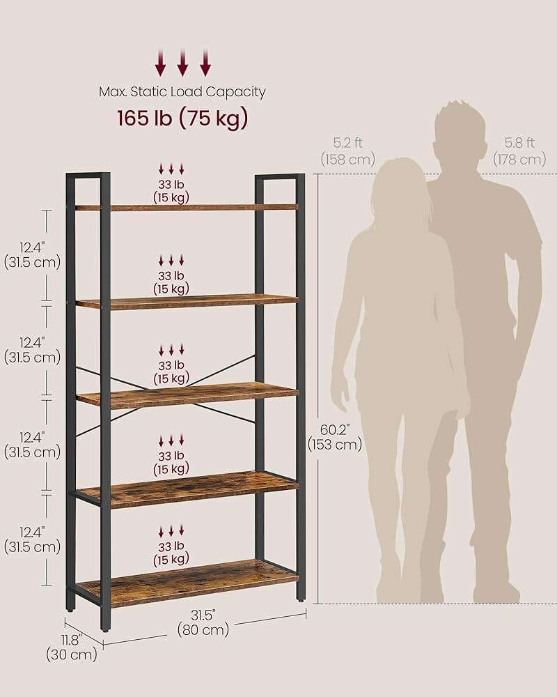 VASAGLE 5-Tier Bookshelf, Bookcase with Steel Frame, Book Shelf for Living Room, Home Office, Study, 11.8 x 31.5 x 60.2 Inches, Industrial Style, Rustic Brown and Ink Black ULLS081B01 - Image 3