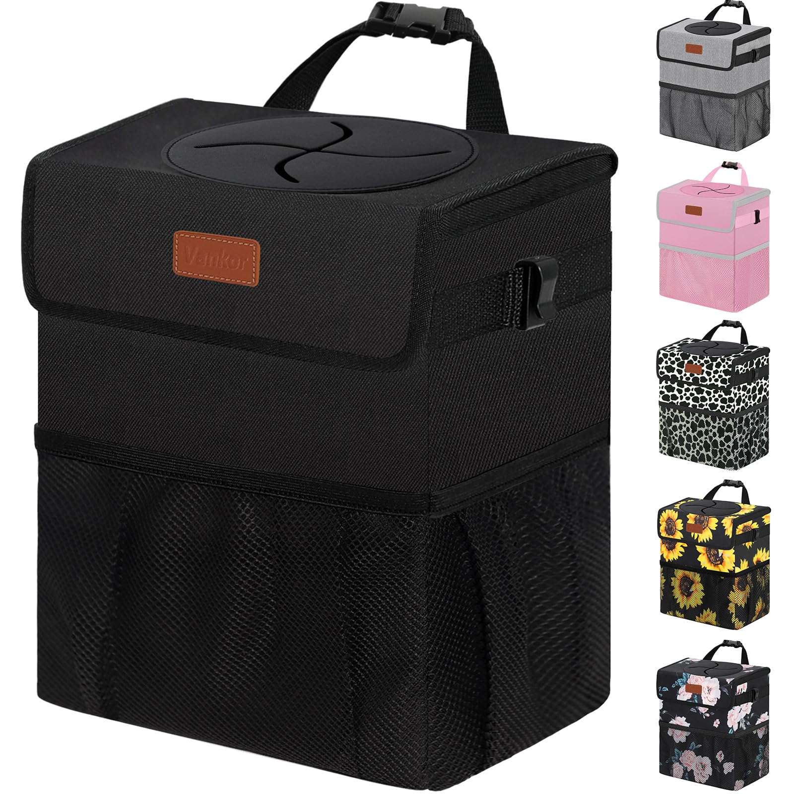 Vankor Car Trash Can Bin with Lid Hanging for Back Seat, Car Accessories for Women Men Leak Proof Automotive Garbage Cans Leakproof Vehicle Trash Can for Truck SUV Black - Image 1