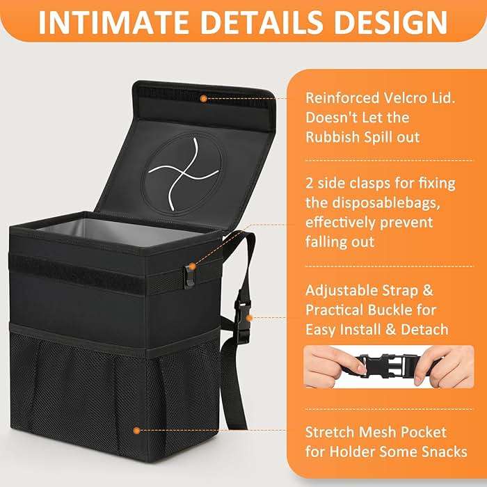 Vankor Car Trash Can Bin with Lid Hanging for Back Seat, Car Accessories for Women Men Leak Proof Automotive Garbage Cans Leakproof Vehicle Trash Can for Truck SUV Black - Image 4