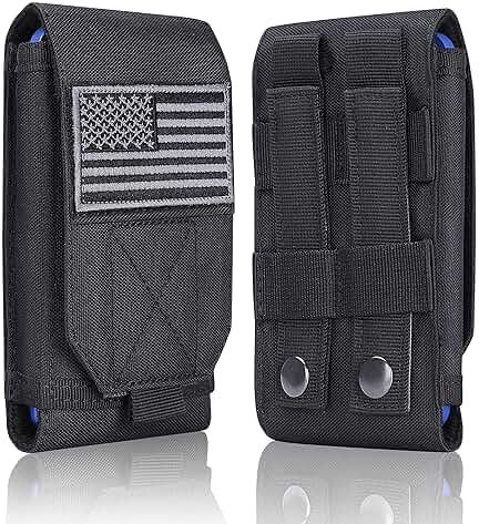 Heyqie Black Tactical Molle Cellphone Pouch Case,Heavy Duty Waterproof Phone Holster Bag for iPhone 14 15 16 Pro Max for Samsung S24 S23 Ultra S22 Plus Note 20 A13 Less 6.7" Phone with US Flag Patch - Product Image