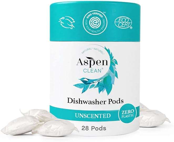 AspenClean | Unscented Dishwasher Pods | Cuts Grease and Grime | Zero Plastic | Non - Toxic | 100% Natural Dishwasher Detergent | EWG Verified - 28 Count - Image 1