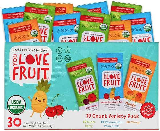 YOU LOVE FRUIT - Fruit Snacks Variety Pack 30 count, 100% Natural Gluten-Free, Vegan, Low Carb, Low Fat Fruit Kosher Snacks for Kids, College Students, Teachers and Offices, Healthy Fruit Snacks (passion fruit, super berry, mango) - Image 1