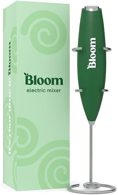 Bloom Nutrition Milk Frother, Hand Mixer, Electric, Handheld Drink Stirrer, Frothing Wand, Foam Maker for Coffee, Matcha, Protein, Greens, Stainless Steel, Battery Operated, Includes Whisk Stand - Product Image