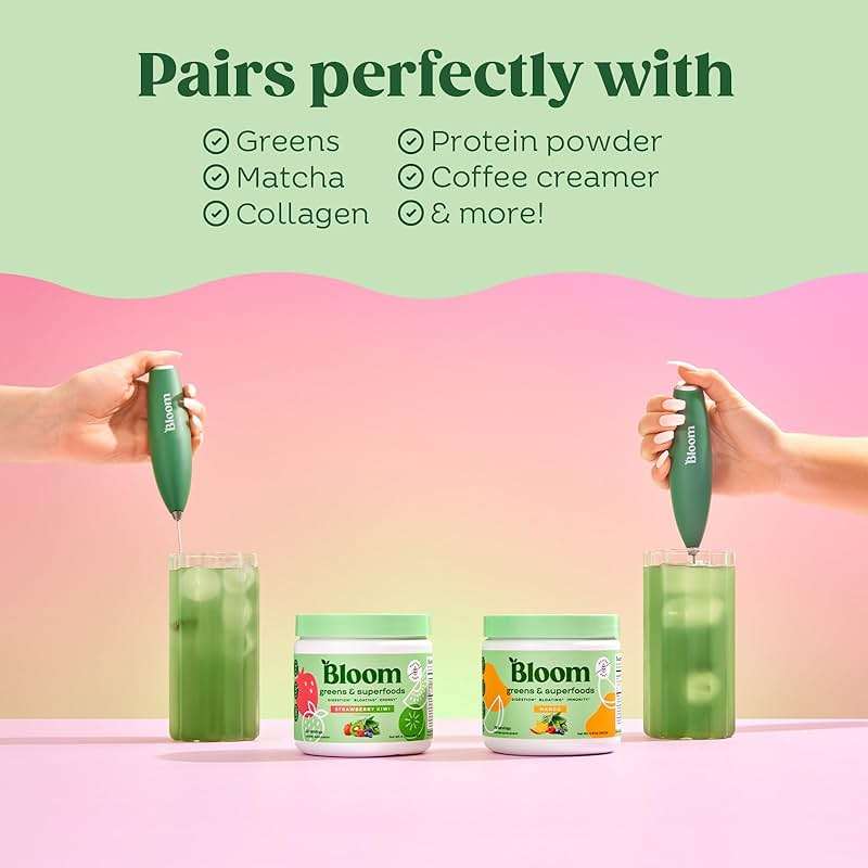 Bloom Nutrition Milk Frother, Hand Mixer, Electric, Handheld Drink Stirrer, Frothing Wand, Foam Maker for Coffee, Matcha, Protein, Greens, Stainless Steel, Battery Operated, Includes Whisk Stand - Image 4