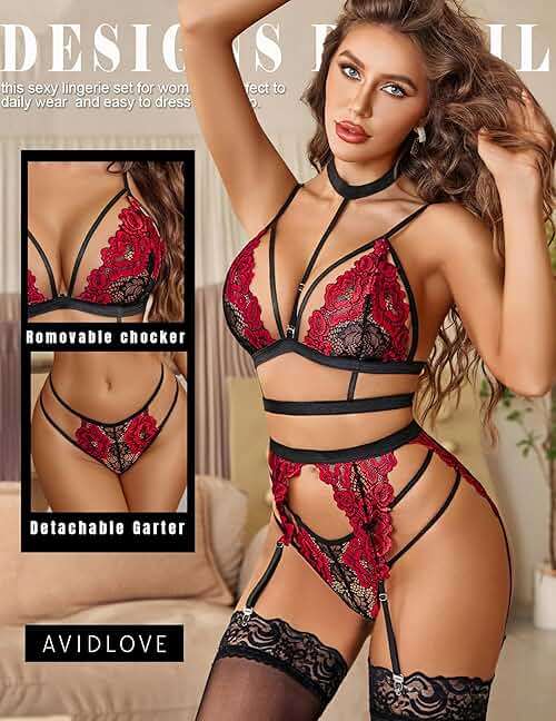 Avidlove Lace Garter Lingerie Set with Removable Choker Teddy Babydoll Strappy Bra and Panty Set (No Stockings) - Image 2