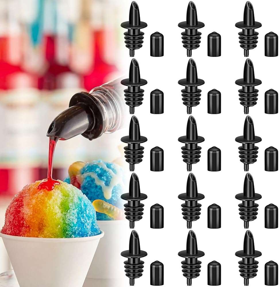 30 Pcs Bottle Pourers Syrup Pour Spouts Including Snow Cone Syrup Alcohol Liquor Bottle Pourers and Rubber Dust Cap Covers Dispenser Accessories - Image 1