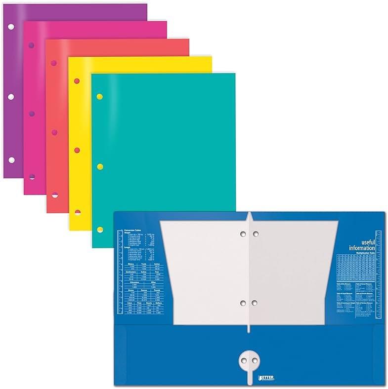 Better Office Products 4 Pocket Glossy Laminated Paper Folders (6 Pack), 3 Hole Punch Portfolios, Assorted Colors,(Brights) - Product Image