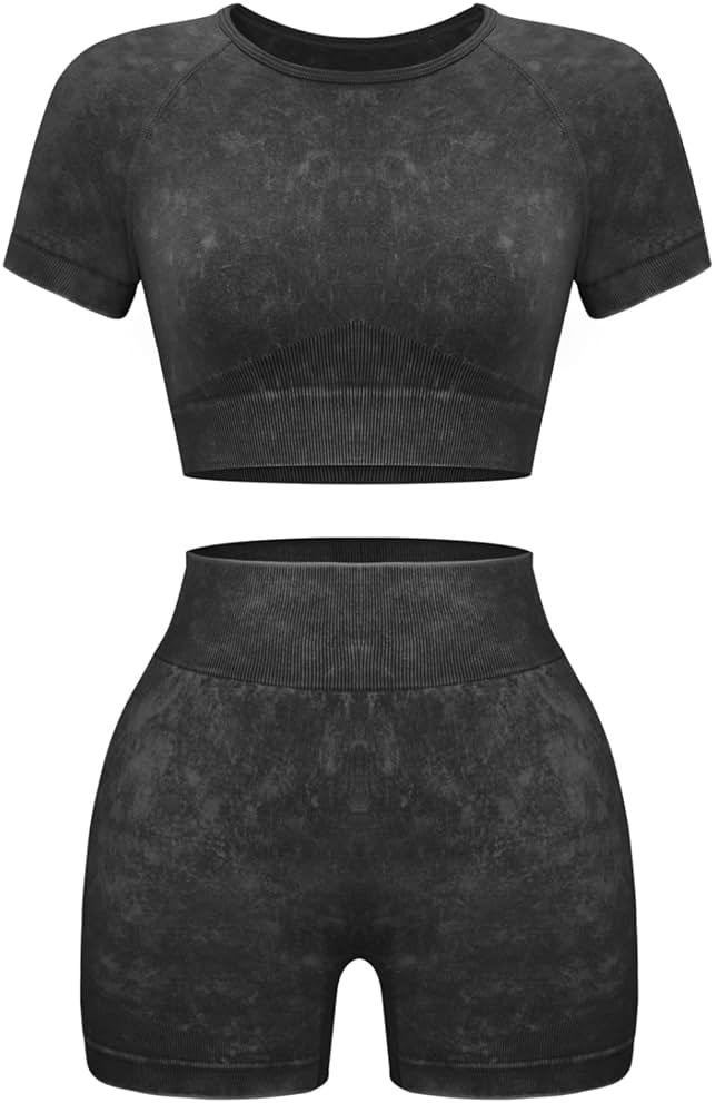 OLCHEE Womens Workout Sets 2 Piece - Seamless Acid Wash Yoga Outfits Shorts and Crop Top Matching Gym Athletic Clothing Set - Product Image