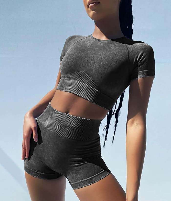 OLCHEE Womens Workout Sets 2 Piece - Seamless Acid Wash Yoga Outfits Shorts and Crop Top Matching Gym Athletic Clothing Set - Image 3