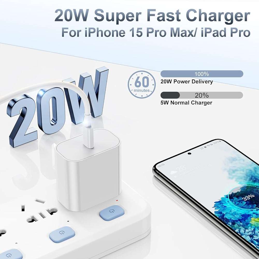 iPhone 17 16 15 Fast Charger, 20W USB C Charging Block for Apple iPhone 17 Pro Max/17 Air/16 Pro/15 Plus, iPad 12/11 inch/Mini/6 Gen,Wall Plug Power Adapter Cube Brick/6ft Type C to C Cable Cord Long - Image 2