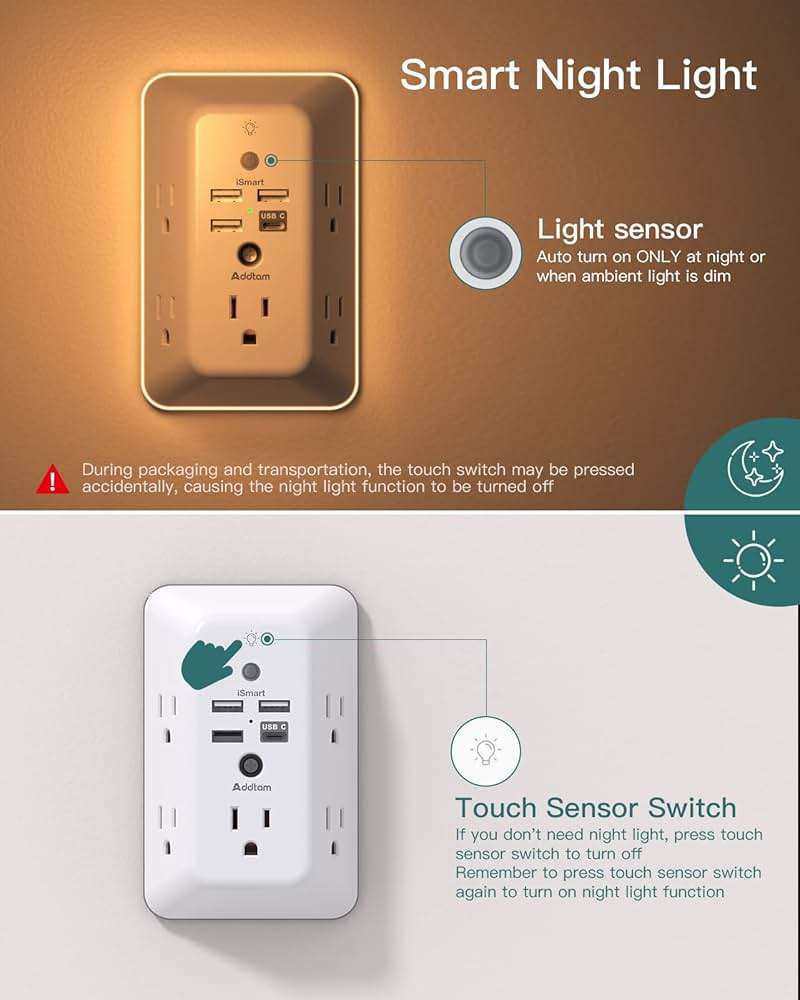 Addtam Surge Protector Outlet Extender, Plug Extension Outlet with Night Light, 5-Outlet Splitter and 4 USB Ports(1 USB C), Multi Plug Wall Outlet for Home Office Dorm Room Essentials - Image 3
