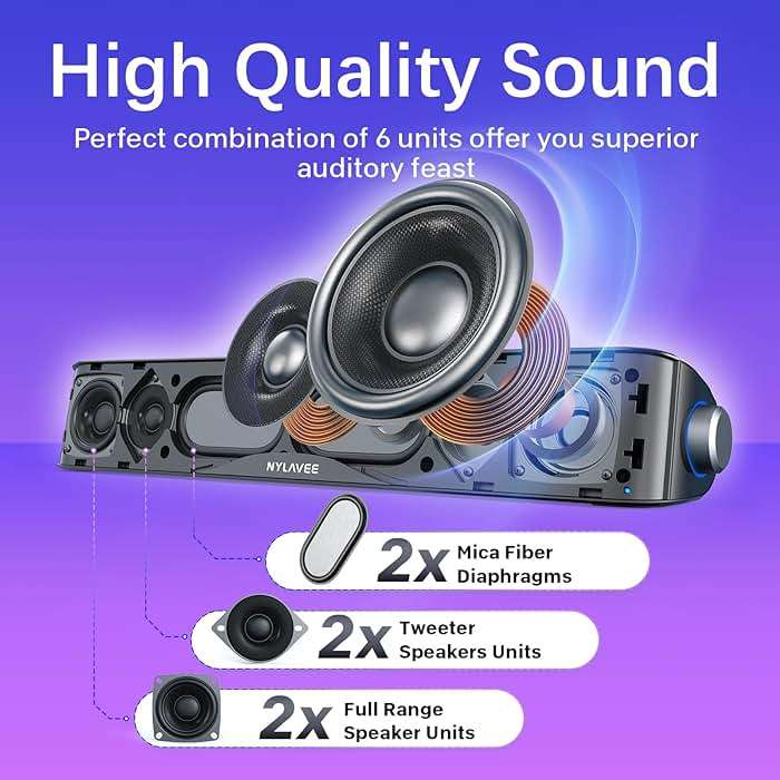 Nylavee Computer Speakers, Hi-Fi Stereo Computer Sound Bar with Bluetooth & 3.5mm Aux, USB/USB-C Powered for Desktop PC, Laptop & Monitor, Built-in Mic and Headphone Jack - Image 2
