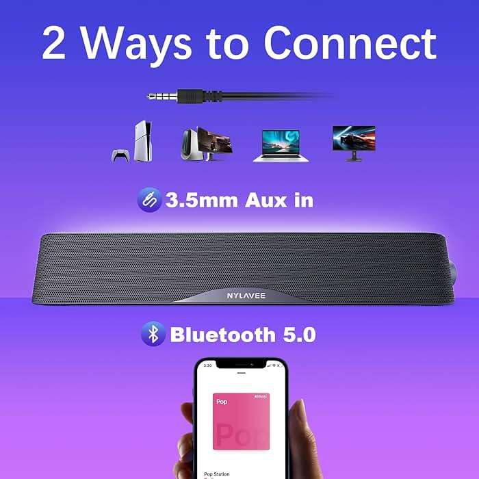 Nylavee Computer Speakers, Hi-Fi Stereo Computer Sound Bar with Bluetooth & 3.5mm Aux, USB/USB-C Powered for Desktop PC, Laptop & Monitor, Built-in Mic and Headphone Jack - Image 3