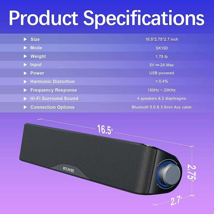 Nylavee Computer Speakers, Hi-Fi Stereo Computer Sound Bar with Bluetooth & 3.5mm Aux, USB/USB-C Powered for Desktop PC, Laptop & Monitor, Built-in Mic and Headphone Jack - Image 7