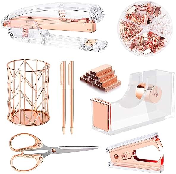 Famassi Rose Gold Desk Accessories,Office Supplies Set Acrylic Stapler Set Staple Remover, Tape Holder, 2 Ballpoint Pen, Scissor, Binder/Paper Clips and 1000pcs Staples. - Product Image