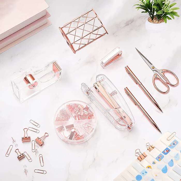 Famassi Rose Gold Desk Accessories,Office Supplies Set Acrylic Stapler Set Staple Remover, Tape Holder, 2 Ballpoint Pen, Scissor, Binder/Paper Clips and 1000pcs Staples. - Image 2