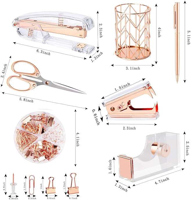 Famassi Rose Gold Desk Accessories,Office Supplies Set Acrylic Stapler Set Staple Remover, Tape Holder, 2 Ballpoint Pen, Scissor, Binder/Paper Clips and 1000pcs Staples. - Image 3
