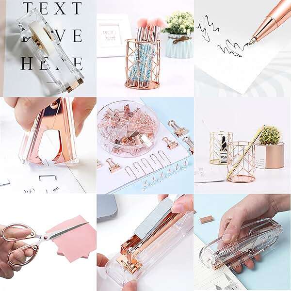 Famassi Rose Gold Desk Accessories,Office Supplies Set Acrylic Stapler Set Staple Remover, Tape Holder, 2 Ballpoint Pen, Scissor, Binder/Paper Clips and 1000pcs Staples. - Image 6