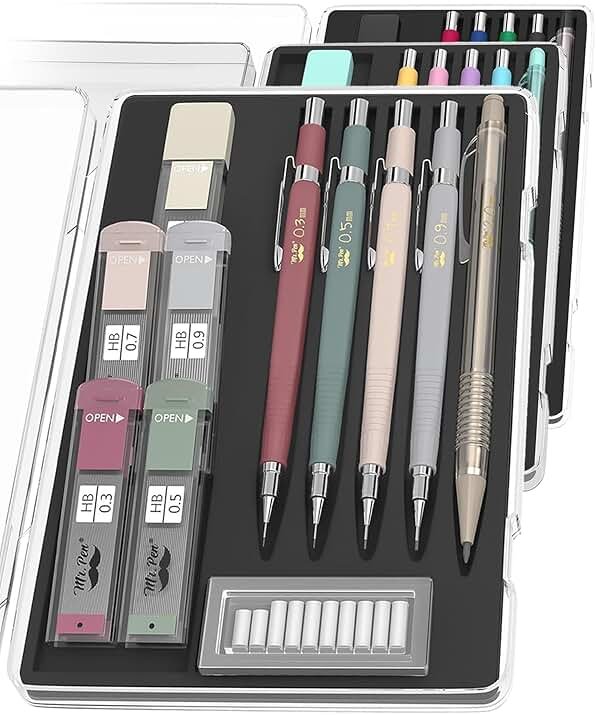 Mr. Pen- Art Mechanical Pencil Set, 5 Vintage Mechanical Pencils (0.3, 0.5, 0.7, 0.9, 2.0mm), 5 HB Lead Refills & 10 Eraser Refills, Precision Drawing Pencils for Sketching, Writing & Artwork - Product Image