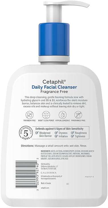 Cetaphil Face Wash, Daily Facial Cleanser for Sensitive, Combination to Oily Skin, 16 Oz, Fragrance Free, Gentle Foaming, Soap Free, Hypoallergenic - Image 2