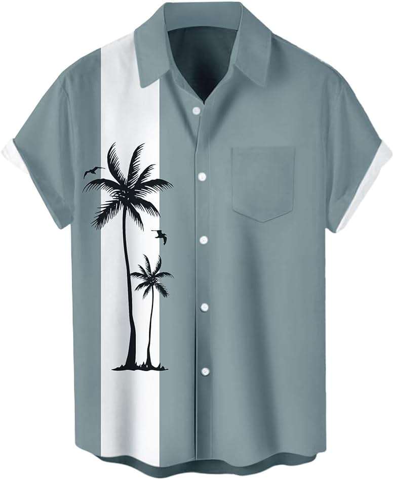 Men's Short Sleeve Button Up Hawaiian Shirt 1950s Vintage Bowling Shirts - Image 1