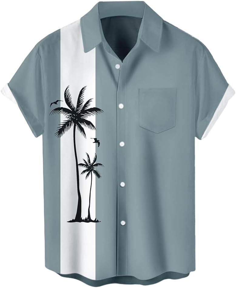 Men's Short Sleeve Button Up Hawaiian Shirt 1950s Vintage Bowling Shirts - Product Image