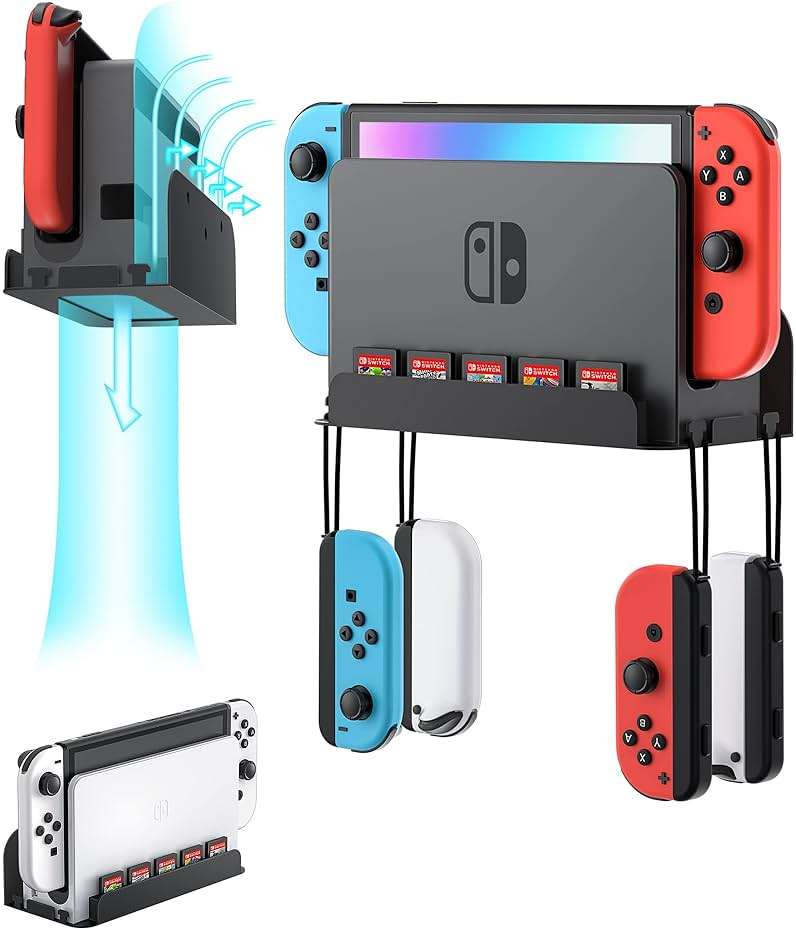 ZAONOOL Wall Mount for Nintendo Switch and Switch OLED, Metal Wall Mount Kit Shelf Accessories with 5 Game Card Holders and 4 Joy Con Brackets, Safely Store Switch Console Near or Behind TV, Black - Image 1