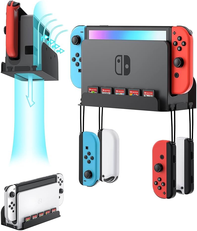 ZAONOOL Wall Mount for Nintendo Switch and Switch OLED, Metal Wall Mount Kit Shelf Accessories with 5 Game Card Holders and 4 Joy Con Brackets, Safely Store Switch Console Near or Behind TV, Black - Product Image
