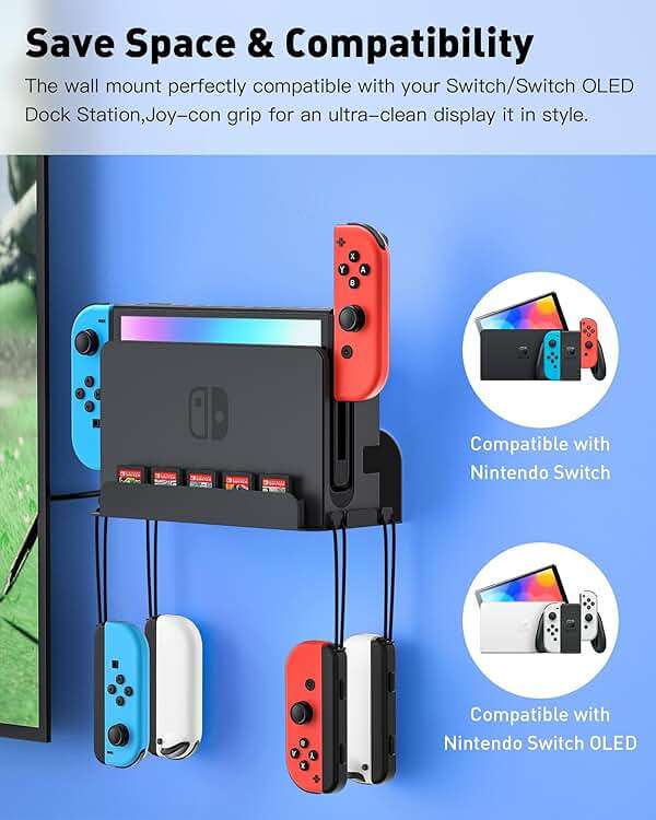 ZAONOOL Wall Mount for Nintendo Switch and Switch OLED, Metal Wall Mount Kit Shelf Accessories with 5 Game Card Holders and 4 Joy Con Brackets, Safely Store Switch Console Near or Behind TV, Black - Image 2
