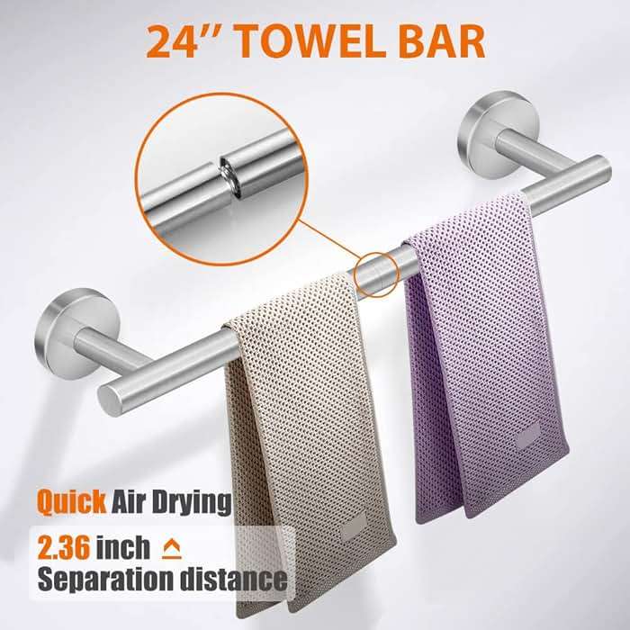 Tudoccy 5-Pieces Bathroom Hardware Set Brushed Nickel SUS304 Stainless Steel Round Wall Mounted - Includes 24" Hand Towel Bar, Toilet Paper Holder, 3 Robe Towel Hooks, Bathroom Accessories Kit - Image 4