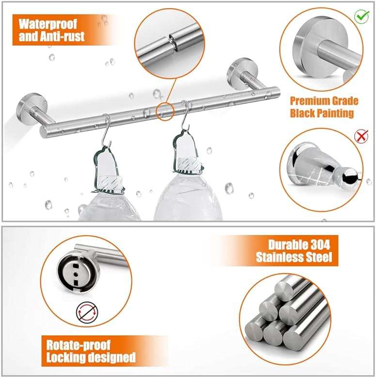 Tudoccy 5-Pieces Bathroom Hardware Set Brushed Nickel SUS304 Stainless Steel Round Wall Mounted - Includes 24" Hand Towel Bar, Toilet Paper Holder, 3 Robe Towel Hooks, Bathroom Accessories Kit - Image 7