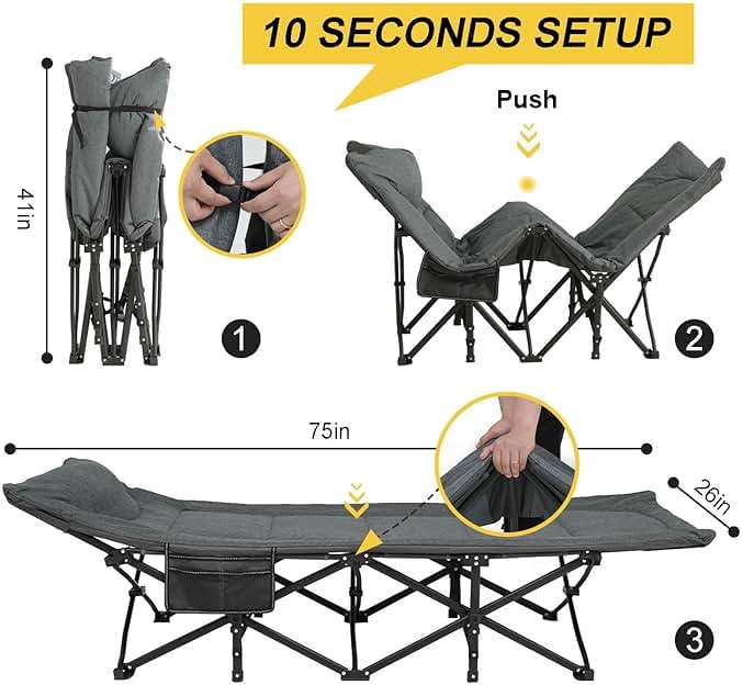 ATORPOK Camping Cot for Adults with Cushion and Pillow, Portable Folding Bed for Sleeping, Lightweight Tent cot with Carry Bag Supports 450 lbs (Grey) - Image 2