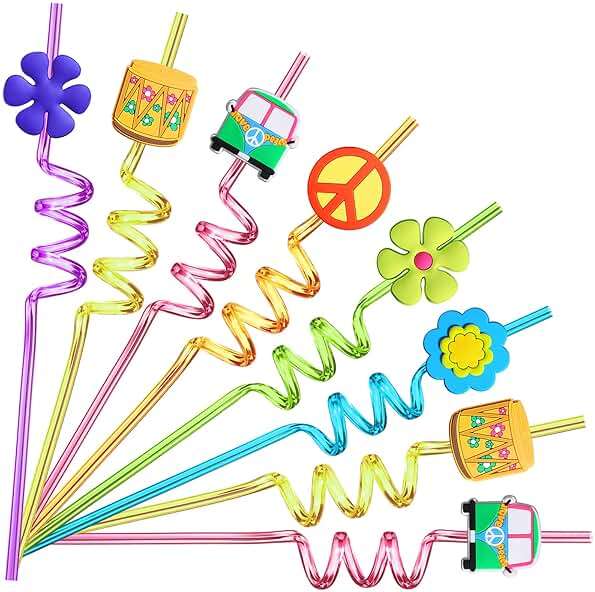 24 60's Hippie Theme Party Favors Retro Flower Cutouts Peace Drinking Straws for 60s Groovy Party Supplies Tie Dye Birthday Party Supplies with 2 PCS Straws Cleaning Brush - Image 2