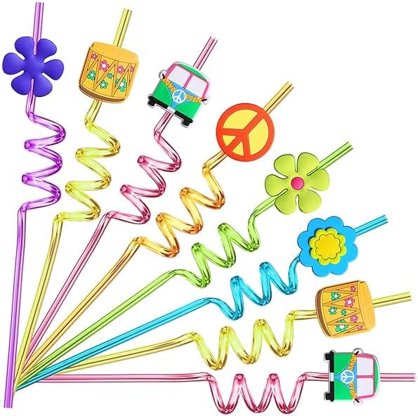24 60's Hippie Theme Party Favors Retro Flower Cutouts Peace Drinking Straws for 60s Groovy Party Supplies Tie Dye Birthday Party Supplies with 2 PCS Straws Cleaning Brush - Product Image