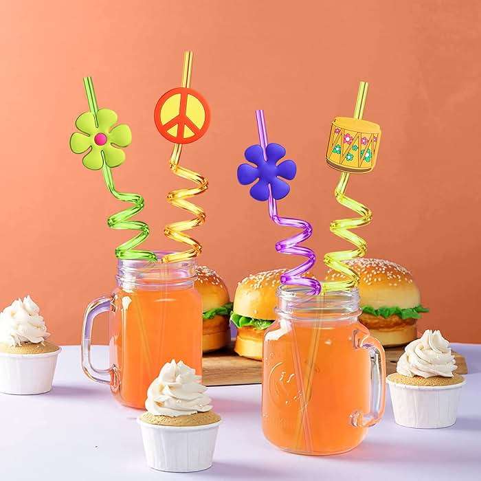 24 60's Hippie Theme Party Favors Retro Flower Cutouts Peace Drinking Straws for 60s Groovy Party Supplies Tie Dye Birthday Party Supplies with 2 PCS Straws Cleaning Brush - Image 3