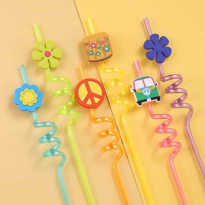 24 60's Hippie Theme Party Favors Retro Flower Cutouts Peace Drinking Straws for 60s Groovy Party Supplies Tie Dye Birthday Party Supplies with 2 PCS Straws Cleaning Brush - Image 4