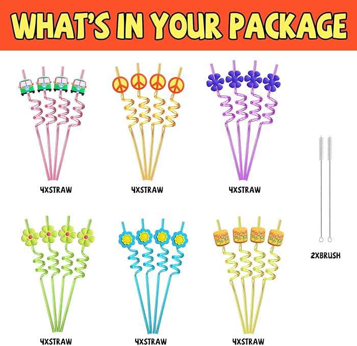 24 60's Hippie Theme Party Favors Retro Flower Cutouts Peace Drinking Straws for 60s Groovy Party Supplies Tie Dye Birthday Party Supplies with 2 PCS Straws Cleaning Brush - Image 5