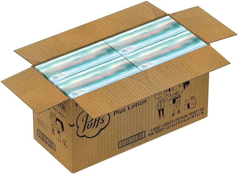 Puffs Facial Tissues Plus Lotion, 8 Family Rectangle Boxes, 124 Facial Tissues per Box, Allergies and Colds (Packaging May Vary) - Image 11