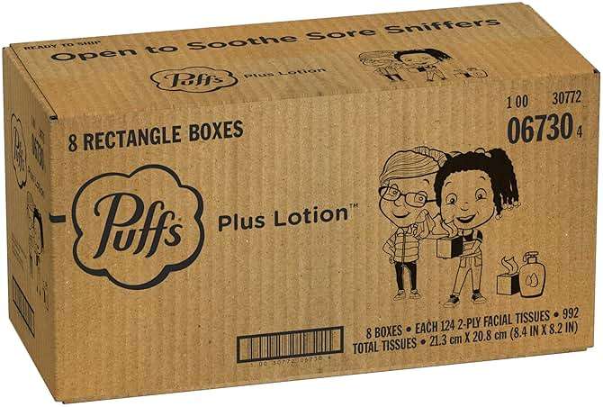Puffs Facial Tissues Plus Lotion, 8 Family Rectangle Boxes, 124 Facial Tissues per Box, Allergies and Colds (Packaging May Vary) - Image 12