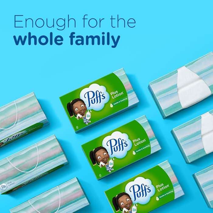 Puffs Facial Tissues Plus Lotion, 8 Family Rectangle Boxes, 124 Facial Tissues per Box, Allergies and Colds (Packaging May Vary) - Image 6