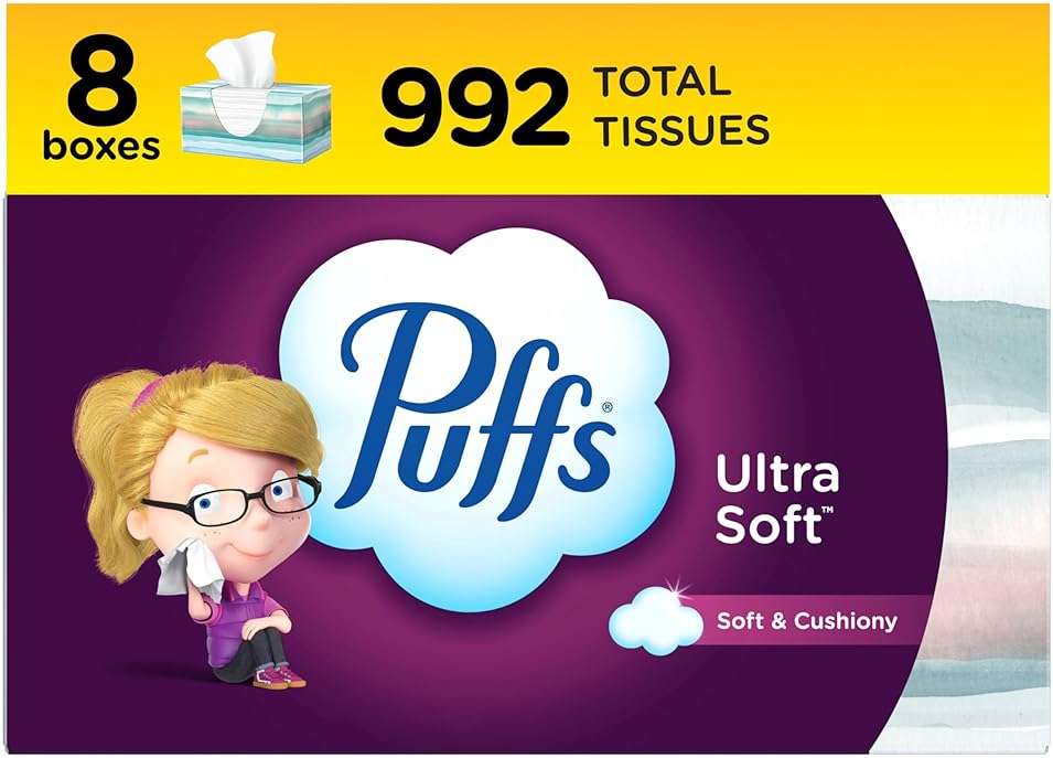 Puffs Facial Tissue Ultra Soft Non-Lotion, 8 Rectangle Boxes, 124 Facial Tissues per Box, Allergies and Colds (Packaging May Vary) - Image 1