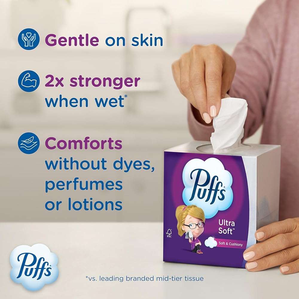 Puffs Facial Tissue Ultra Soft Non-Lotion, 8 Rectangle Boxes, 124 Facial Tissues per Box, Allergies and Colds (Packaging May Vary) - Image 2
