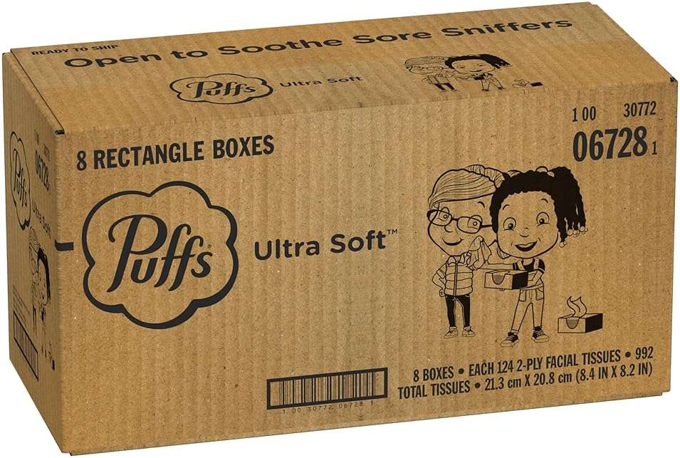 Puffs Facial Tissue Ultra Soft Non-Lotion, 8 Rectangle Boxes, 124 Facial Tissues per Box, Allergies and Colds (Packaging May Vary) - Image 13
