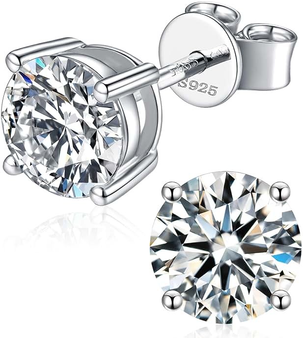 Moissanite Stud Earrings for Women, 925 Sterling Silver Earrings, 18K White Gold Plating earrings for Men (0.6-4ct) - Product Image