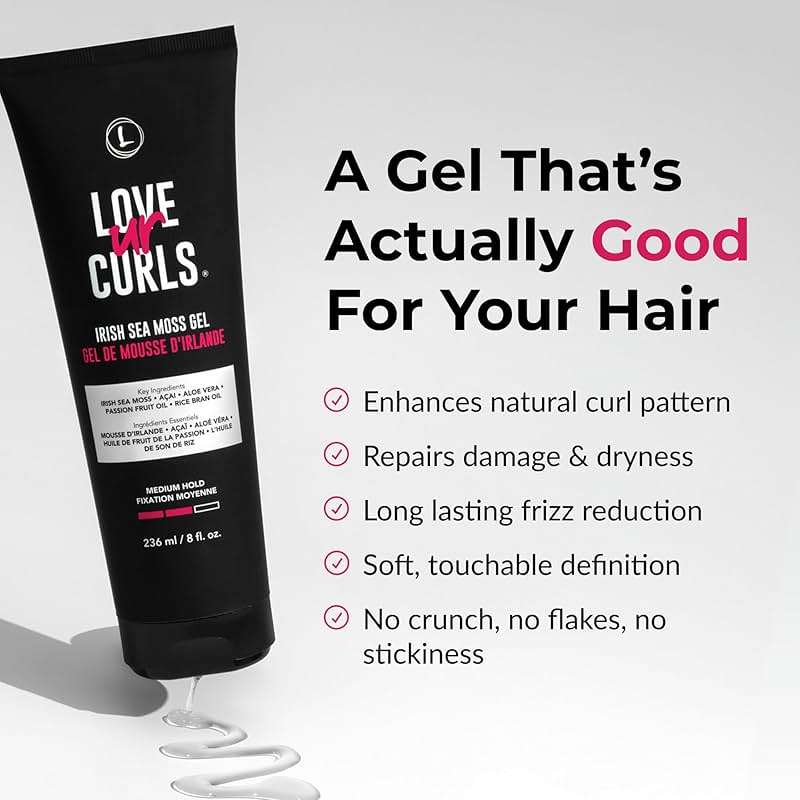 Love Ur Curls Irish Sea Moss Hair Gel, Medium Hold Hair Styling Curling Gel for Defined Curly Hair, Waves & Coils, Vegan, Cruelty Free, 236mL - Image 2