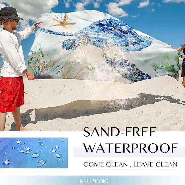 LkDiramio Beach Blanket Sand Proof Waterproof Oversized 100" x 80" Sand Free Mat with Corner Pockets and Mesh Bag for Outdoor, Picnic, Travel, Beach Accessories Portable, Watercolor Turtle - Image 4