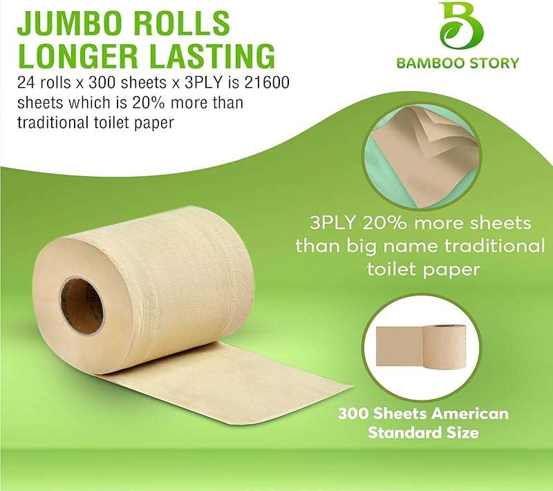 Bamboo Story, Bamboo Toilet Paper Unbleached, 24 Rolls, 3 Ply and 300 Sheets Bamboo Toilet Tissue - FSC Certified, Biodegradable, Chemical Free, Plastic Free, BPA Free, Septic Safe Toilet Paper - Image 4